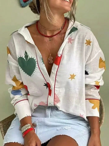 Women's New Long Sleeve Shirt, Heart And Star Print Fashion Red Trim Casual Collar Cardigan Top