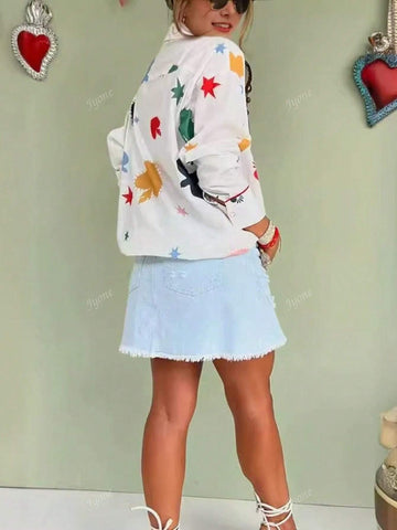 Women's New Long Sleeve Shirt, Heart And Star Print Fashion Red Trim Casual Collar Cardigan Top