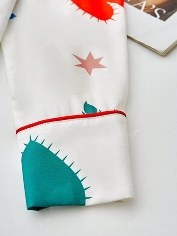 Women's New Long Sleeve Shirt, Heart And Star Print Fashion Red Trim Casual Collar Cardigan Top