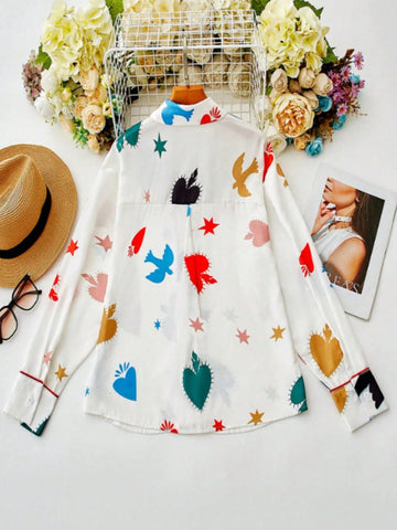 Women's New Long Sleeve Shirt, Heart And Star Print Fashion Red Trim Casual Collar Cardigan Top