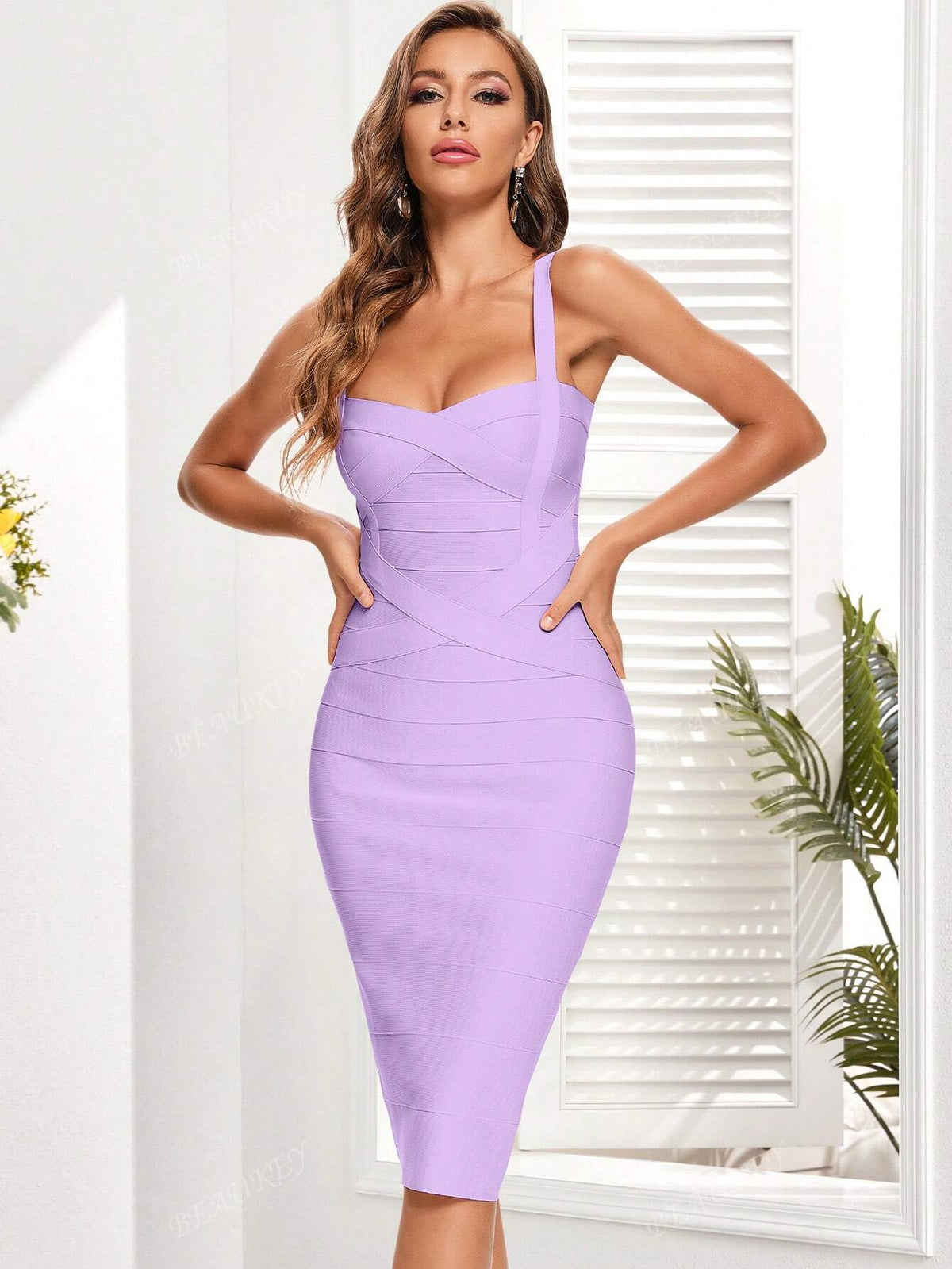 Women's New Sexy Spaghetti Strap Bodycon Mid-Length Dress, Sleeveless Bandage Formal Dress