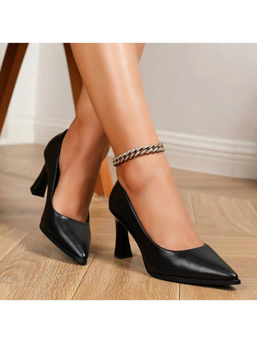 Women's New Spring Black High Heel Shoes With Thick Soles, Versatile Shallow Mouth Pointed-Toe Pumps With Chunky Heel, Made Of Soft Leather