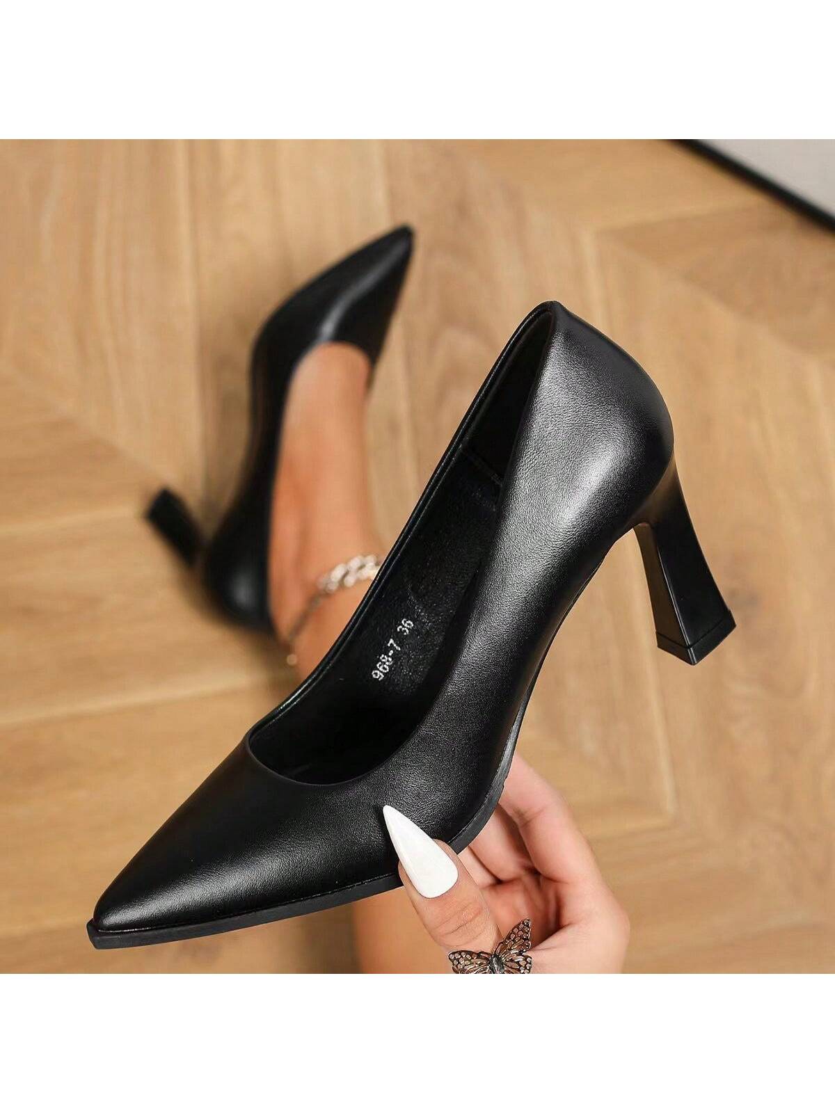 Women's New Spring Black High Heel Shoes With Thick Soles, Versatile Shallow Mouth Pointed-Toe Pumps With Chunky Heel, Made Of Soft Leather
