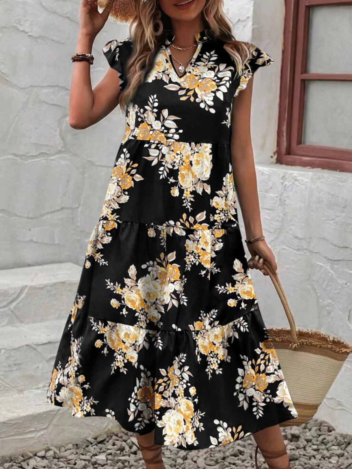Women's Notched-Neck Floral Printed Dress