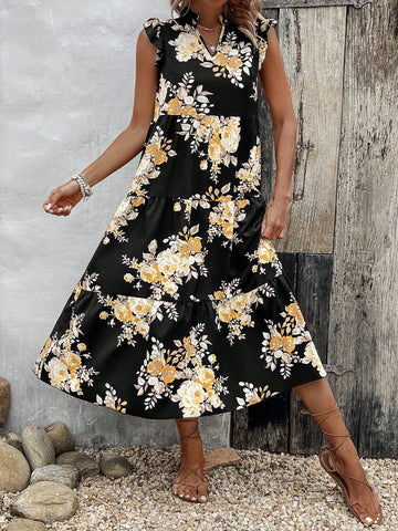 Women's Notched-Neck Floral Printed Dress