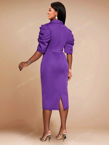 Women's Notched Collar Puff Sleeve Bodycon Midi Dress, For Office Commute