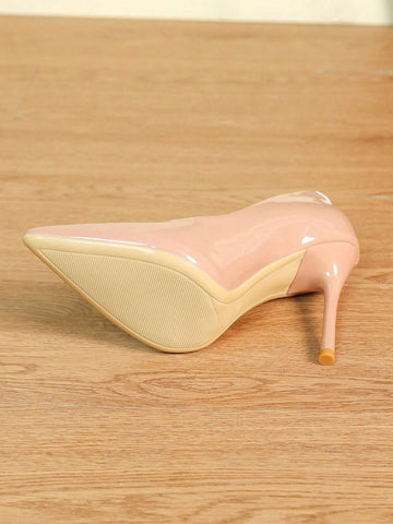 Women's Nude High Heels, Spring Elegant Black Work Pumps With Stiletto Heel, Soft Leather, Pointed Toe, Patent Leather