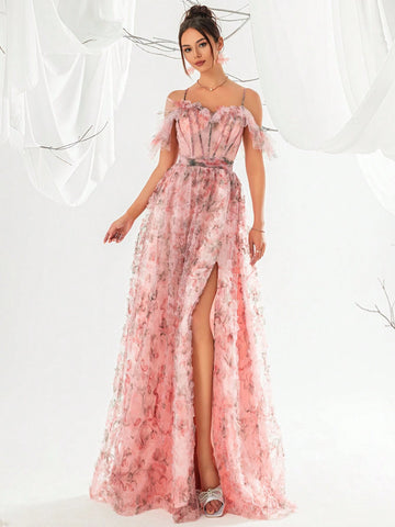 Women's Off-Shoulder Flower Print Fishbone & 3d Flower Design High Slit Spaghetti Strap Evening Party Dress