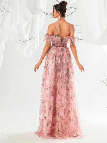 Women's Off-Shoulder Flower Print Fishbone & 3d Flower Design High Slit Spaghetti Strap Evening Party Dress