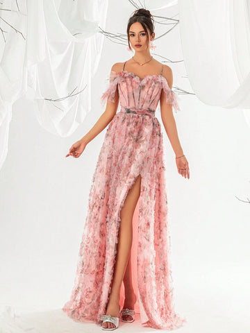 Women's Off-Shoulder Flower Print Fishbone & 3d Flower Design High Slit Spaghetti Strap Evening Party Dress