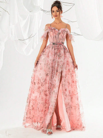 Women's Off-Shoulder Flower Print Fishbone & 3d Flower Design High Slit Spaghetti Strap Evening Party Dress