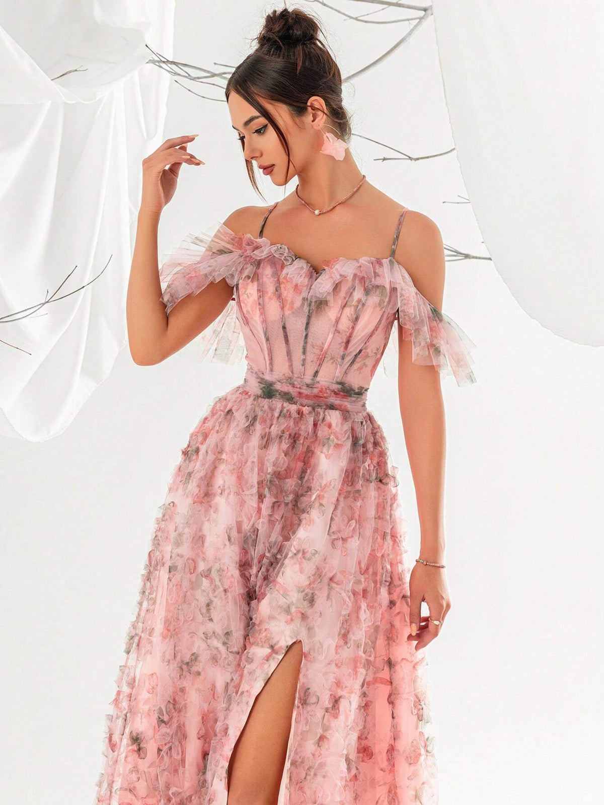 Women's Off-Shoulder Flower Print Fishbone & 3d Flower Design High Slit Spaghetti Strap Evening Party Dress