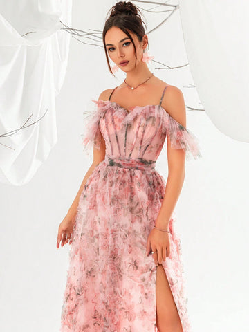 Women's Off-Shoulder Flower Print Fishbone & 3d Flower Design High Slit Spaghetti Strap Evening Party Dress