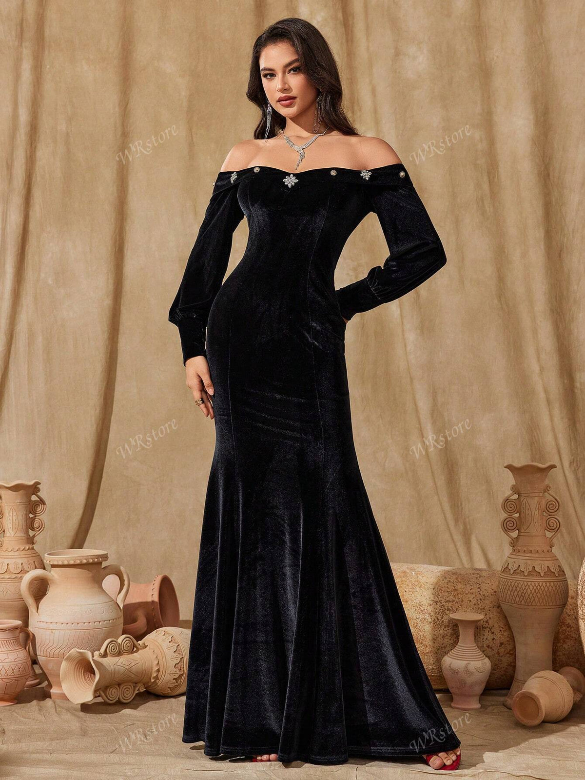 Women's Off-Shoulder Lantern Sleeve Minimalist Glamorous Evening Gown