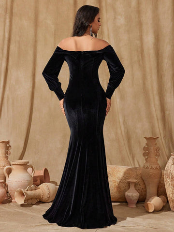 Women's Off-Shoulder Lantern Sleeve Minimalist Glamorous Evening Gown