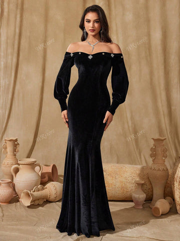Women's Off-Shoulder Lantern Sleeve Minimalist Glamorous Evening Gown