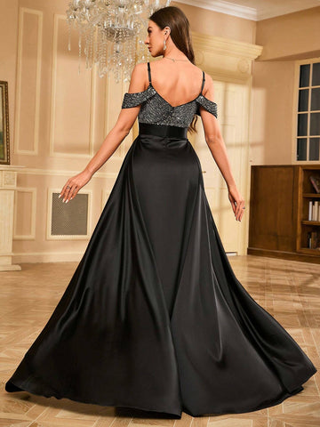 Women's Off-Shoulder Sequin Patchwork Satin Formal Evening Party Dress