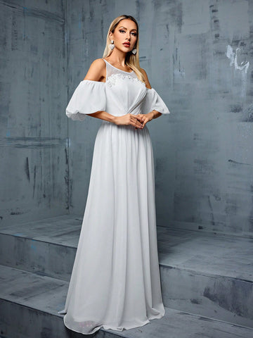 Women's Off-shoulder Puff Sleeve Three-dimensional Lace Decorated Waist Discounted Chiffon A-pulse Wedding Dress