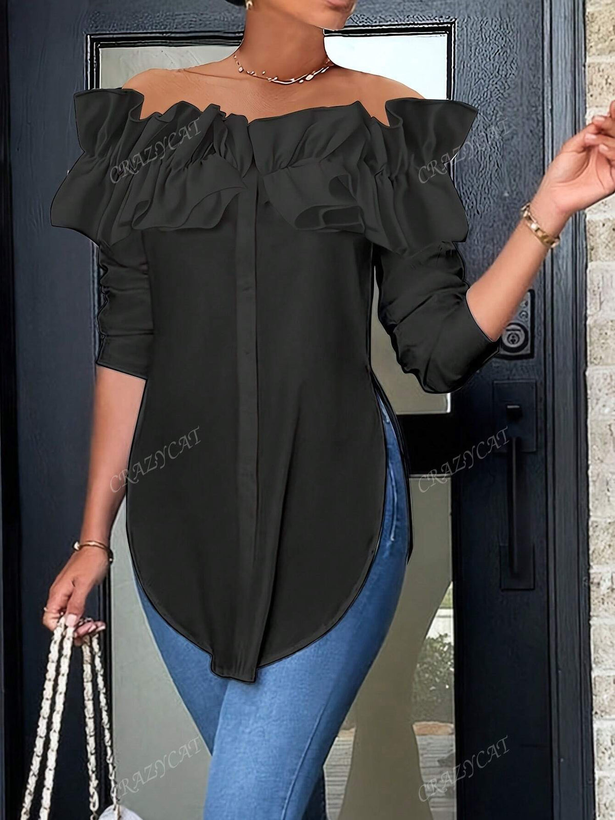 Women's Off Shoulder Button Front Long Sleeve Blouse