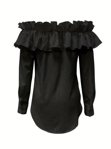 Women's Off Shoulder Button Front Long Sleeve Blouse