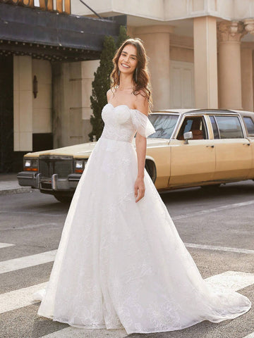 Women's Off Shoulder Embroidered Mesh Wedding Dress With Train