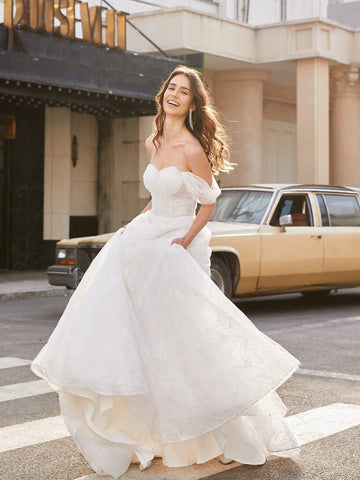 Women's Off Shoulder Embroidered Mesh Wedding Dress With Train