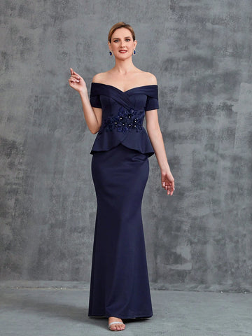 Women's Off Shoulder Floral Applique Surplice Neck Party Dress