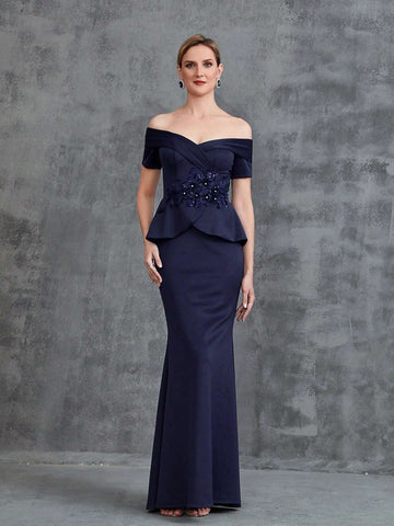 Women's Off Shoulder Floral Applique Surplice Neck Party Dress