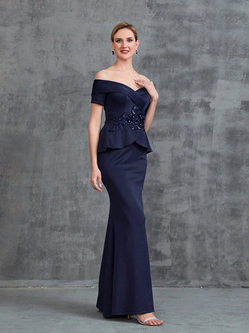 Women's Off Shoulder Floral Applique Surplice Neck Party Dress