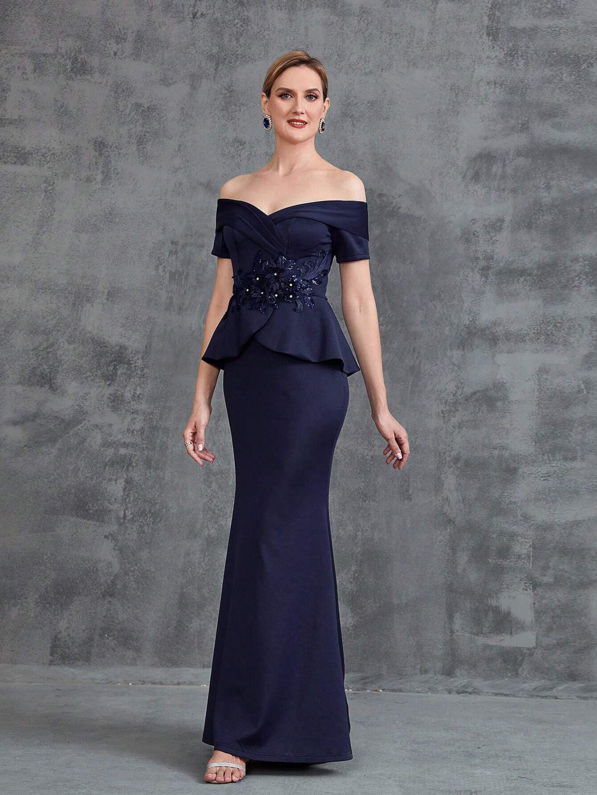 Women's Off Shoulder Floral Applique Surplice Neck Party Dress