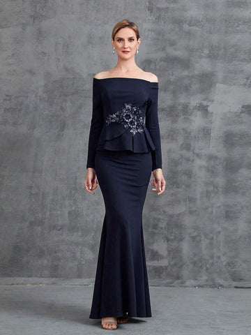 Women's Off Shoulder Long Sleeve Floral Applique Party Dress