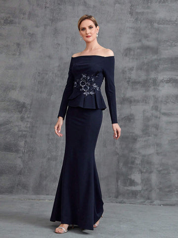 Women's Off Shoulder Long Sleeve Floral Applique Party Dress