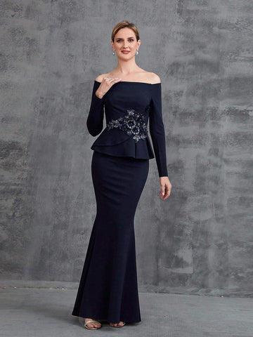 Women's Off Shoulder Long Sleeve Floral Applique Party Dress