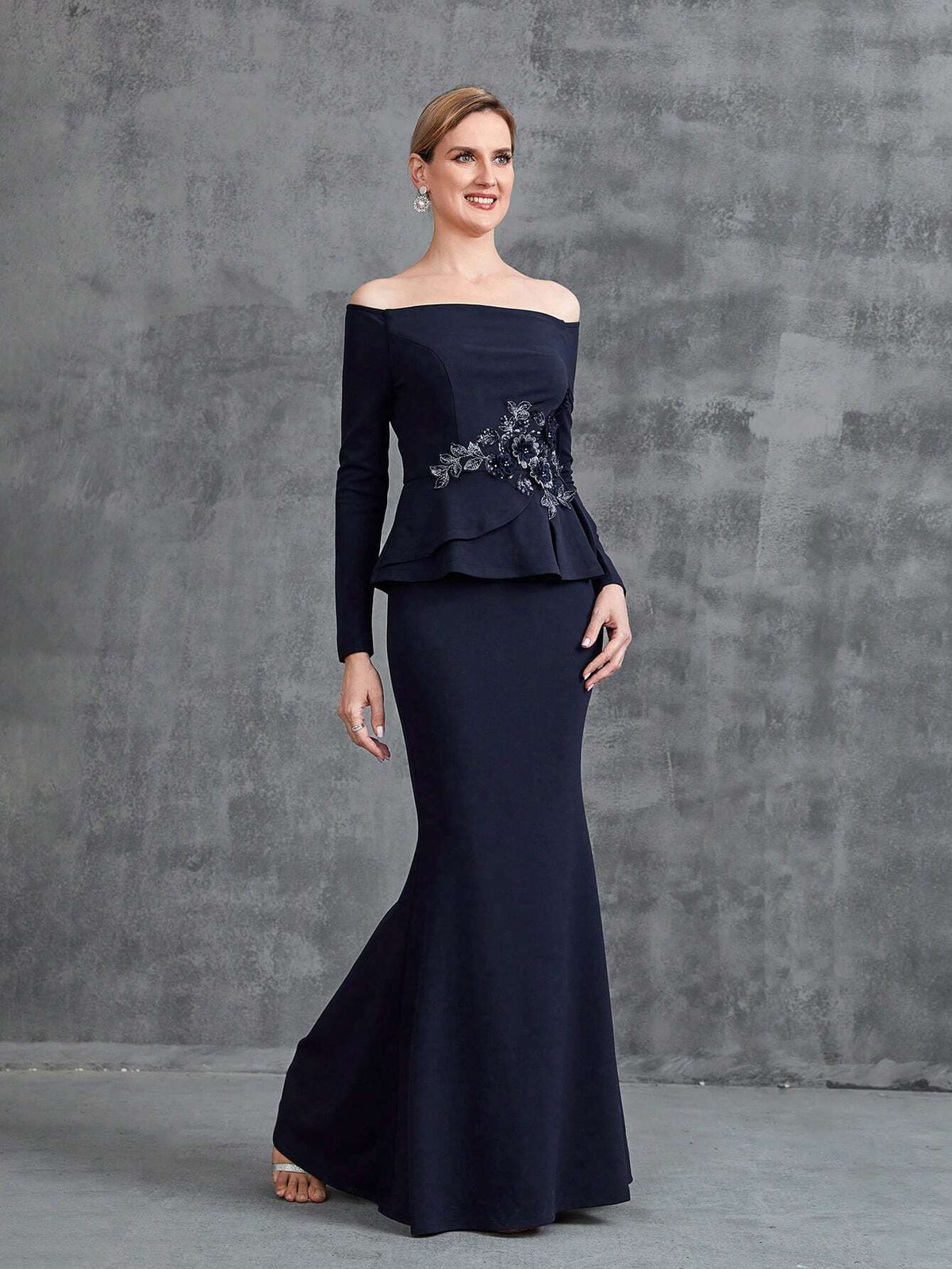 Women's Off Shoulder Long Sleeve Floral Applique Party Dress