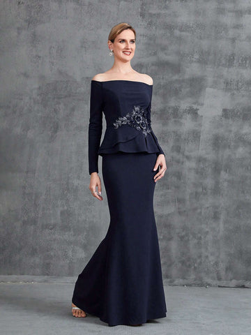 Women's Off Shoulder Long Sleeve Floral Applique Party Dress