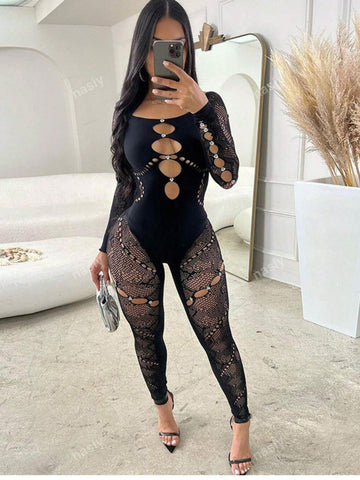 Women's Off Shoulder Long Sleeve Hollowed Out Sheer Sexy Jumpsuit