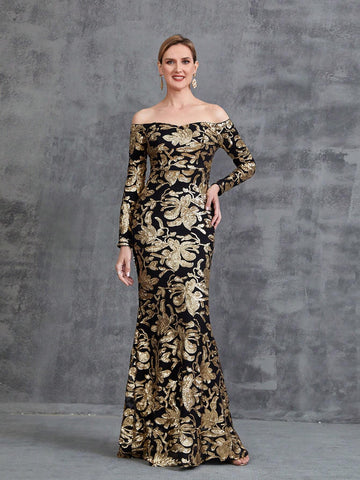 Women's Off Shoulder Long Sleeve Sequin Party Dress