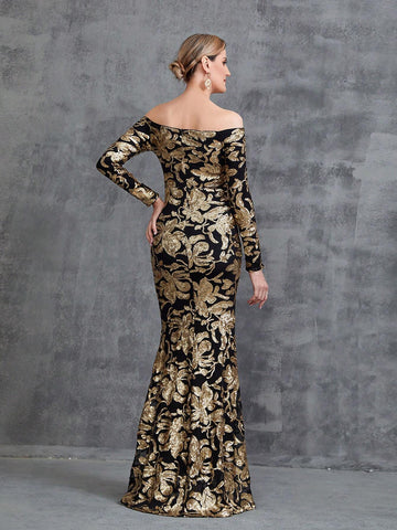 Women's Off Shoulder Long Sleeve Sequin Party Dress