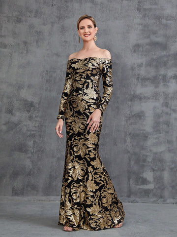 Women's Off Shoulder Long Sleeve Sequin Party Dress