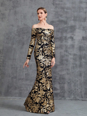 Women's Off Shoulder Long Sleeve Sequin Party Dress