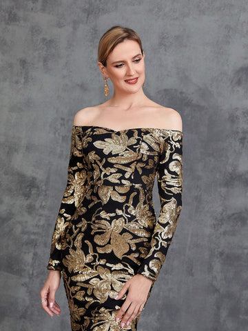 Women's Off Shoulder Long Sleeve Sequin Party Dress