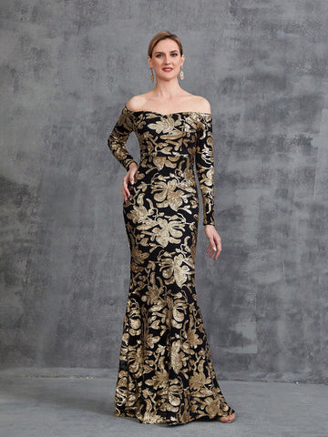 Women's Off Shoulder Long Sleeve Sequin Party Dress