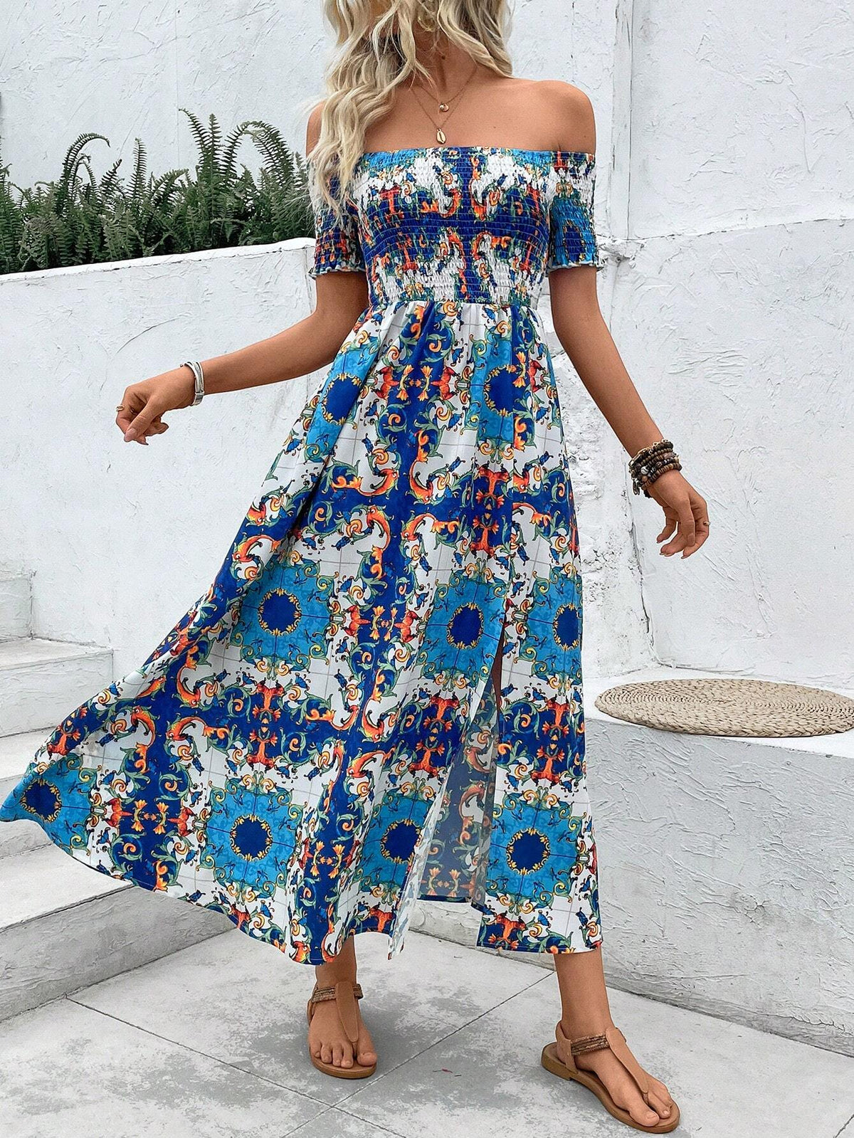 Women's Off Shoulder Short Sleeve Floral Print Bodycon Dress