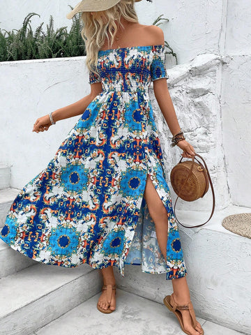 Women's Off Shoulder Short Sleeve Floral Print Bodycon Dress