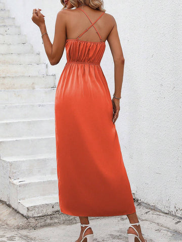 Women's One-Shoulder Sleeveless Maxi Dress With Slit Hem And Drape Neckline