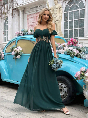 Women's One Shoulder Flower Embellished Bridesmaid Dress
