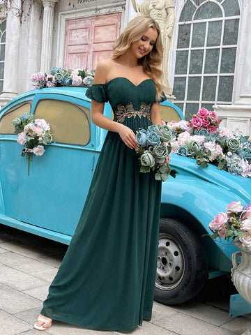 Women's One Shoulder Flower Embellished Bridesmaid Dress