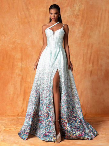 Women's One Shoulder Hollow Out Sleeveless Maxi French Style Elegant Evening Dress With High Side Slit