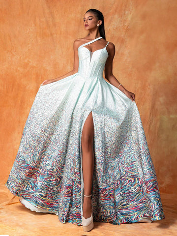 Women's One Shoulder Hollow Out Sleeveless Maxi French Style Elegant Evening Dress With High Side Slit