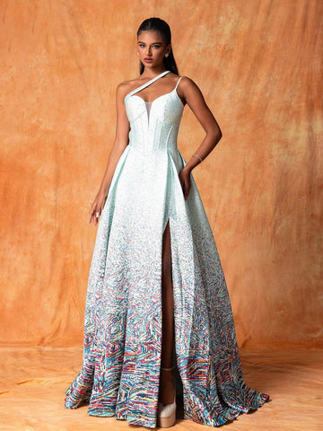 Women's One Shoulder Hollow Out Sleeveless Maxi French Style Elegant Evening Dress With High Side Slit